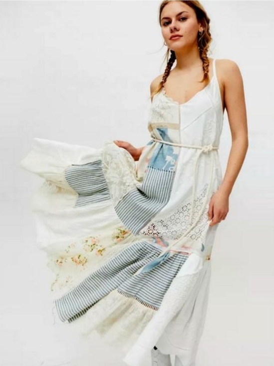 Kimchi Blue Dresses & Skirts - Kimchi Blue White Patchwork Maxi Dress with Blue Stripes